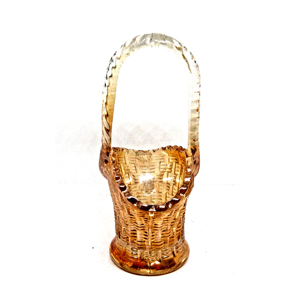 Vintage Iridescent Marigold Carnival Glass Basket, Weave Pattern, Dugan - Picture 2 of 6